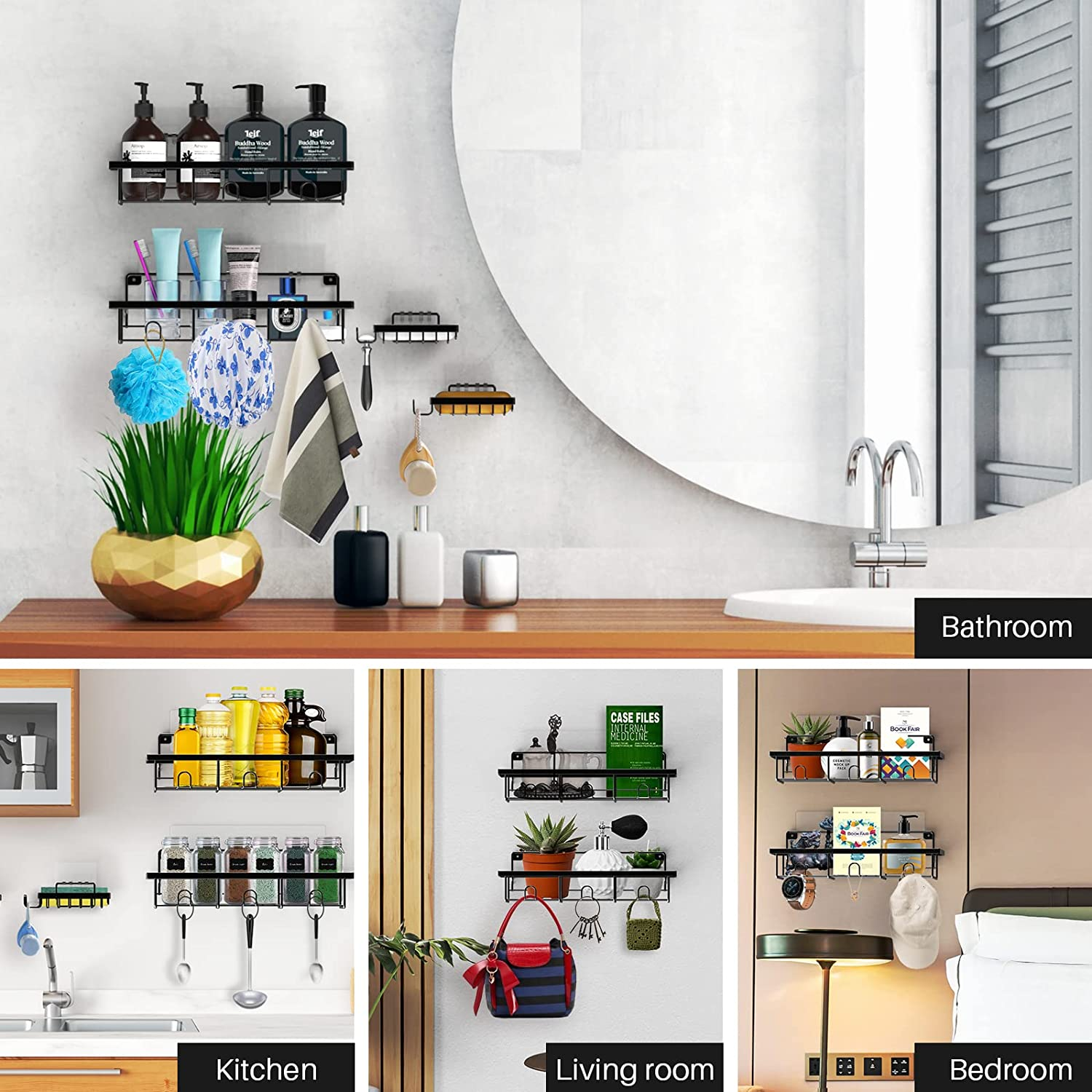 Zhaosheng Hardware - Estantes de almacenamiento para colgar autoadhesivos, color negro, montado en la pared, organizador, estante de baño, carrito de ducha