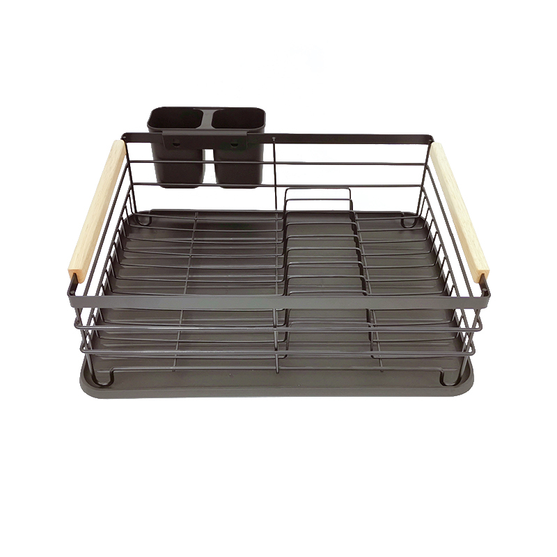 Zhaosheng Hardware - Escurridor de platos de acero con mango de madera, negro