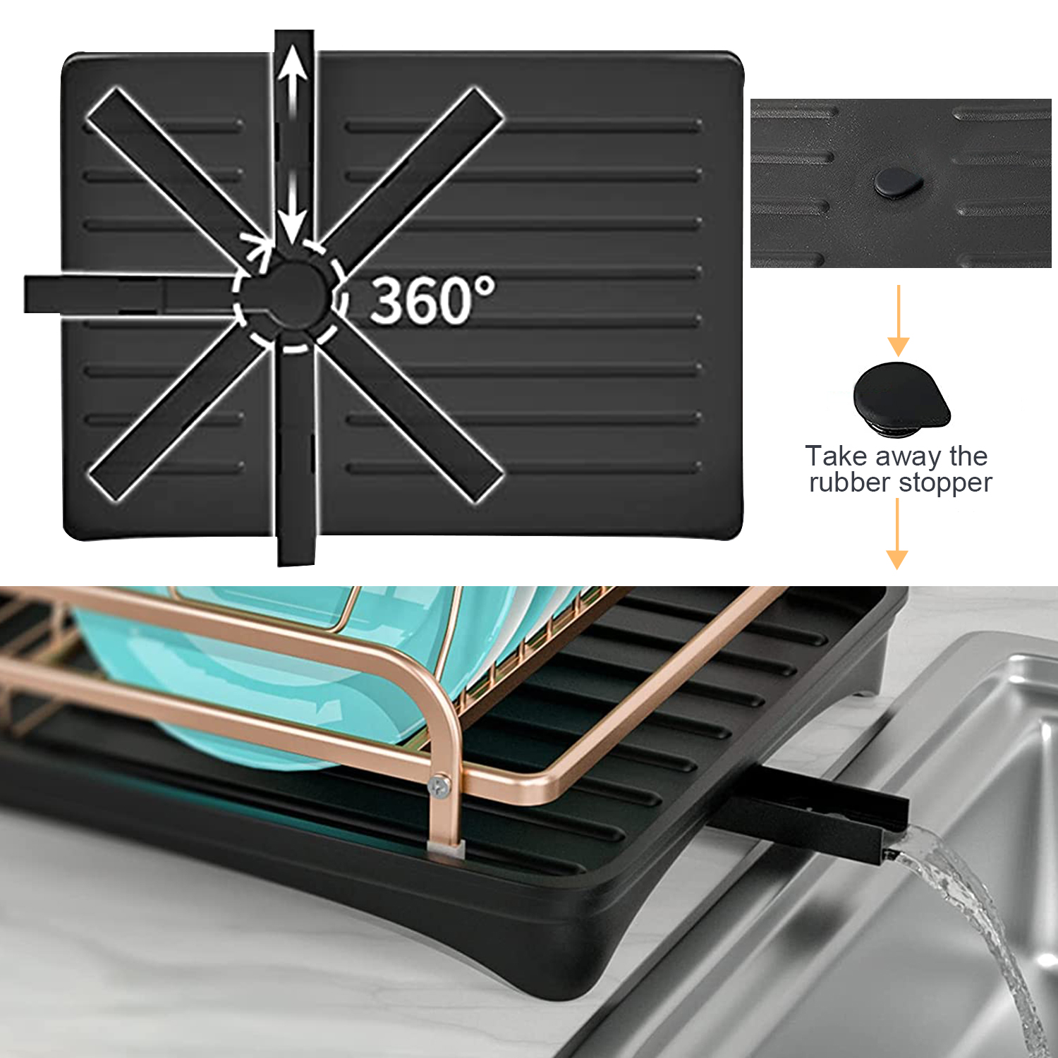 Zhaosheng Hardware - Rejilla para secar platos de aluminio de 2 niveles con escurridor de plástico, soporte para utensilios y colgador para tazas