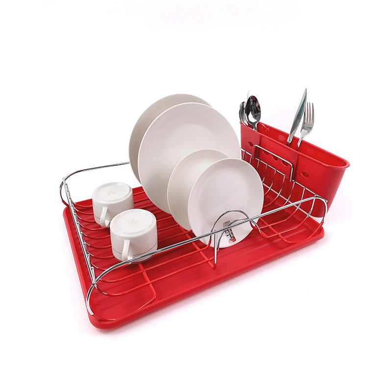 Zhaosheng Hardware - Escurridor de platos de cocina con bandeja de goteo de plástico rojo y soporte para utensilios