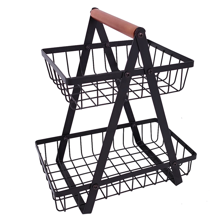Zhaosheng Hardware - Cesta de frutas de alambre de metal desmontable, cesta de frutas de 2 niveles con mango de madera