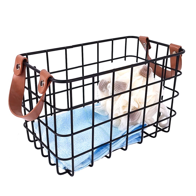 Zhaosheng Hardware - Cesta de alambre negra decorativa de metal para almacenamiento en el hogar de cocina con mango de cuero