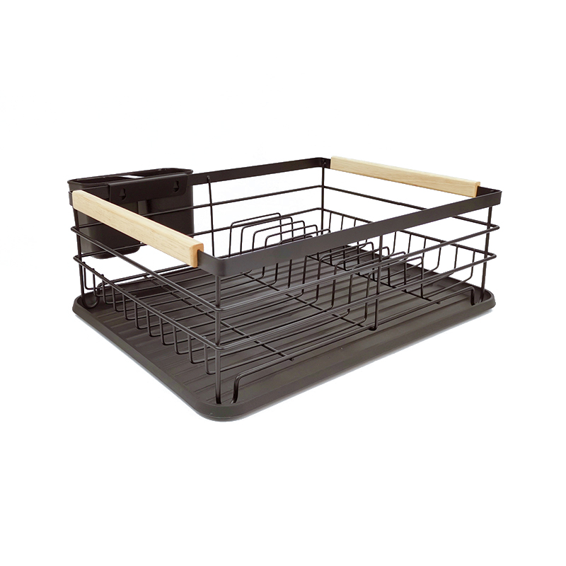 Zhaosheng Hardware - Escurridor de platos de acero con mango de madera, negro