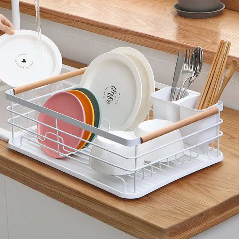 Zhaosheng Hardware - Rejilla grande para secar platos con bandeja de PP/soporte para utensilios y mango de bambú