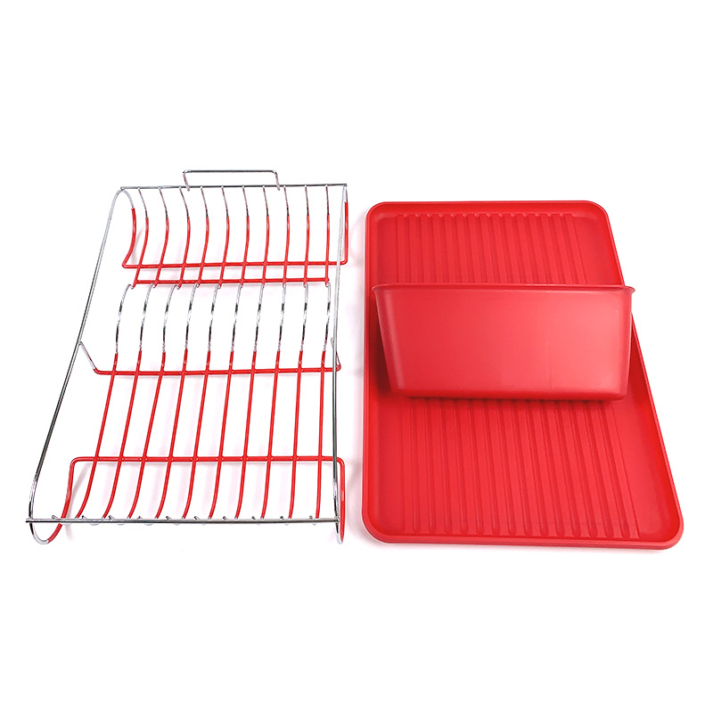 Zhaosheng Hardware - Escurridor de platos de cocina con bandeja de goteo de plástico rojo y soporte para utensilios