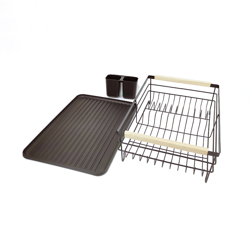 Zhaosheng Hardware - Escurridor de platos de acero con mango de madera, negro