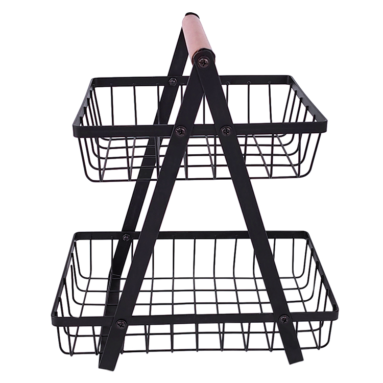 Zhaosheng Hardware - Cesta de frutas de alambre de metal desmontable, cesta de frutas de 2 niveles con mango de madera