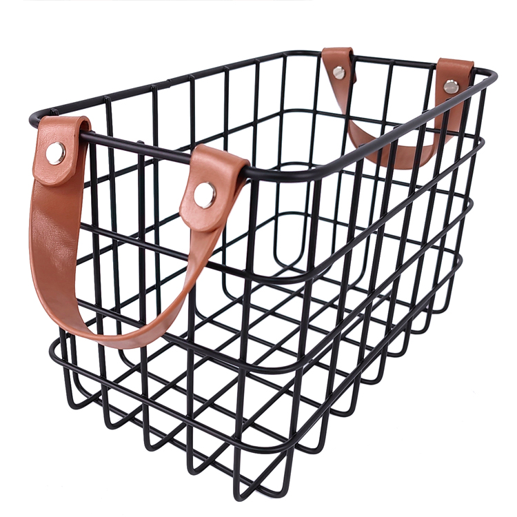 Zhaosheng Hardware - Cesta de alambre negra decorativa de metal para almacenamiento en el hogar de cocina con mango de cuero