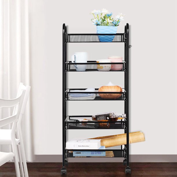 Zhaosheng Hardware - Carro utilitario con ruedas de malla metálica negra de 5 niveles, organizador de almacenamiento, carrito de almacenamiento de acero para cocina