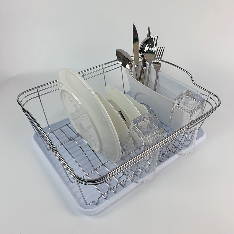 Zhaosheng Hardware - Rejilla para secar platos de alambre con bandeja de goteo blanca y soporte para utensilios