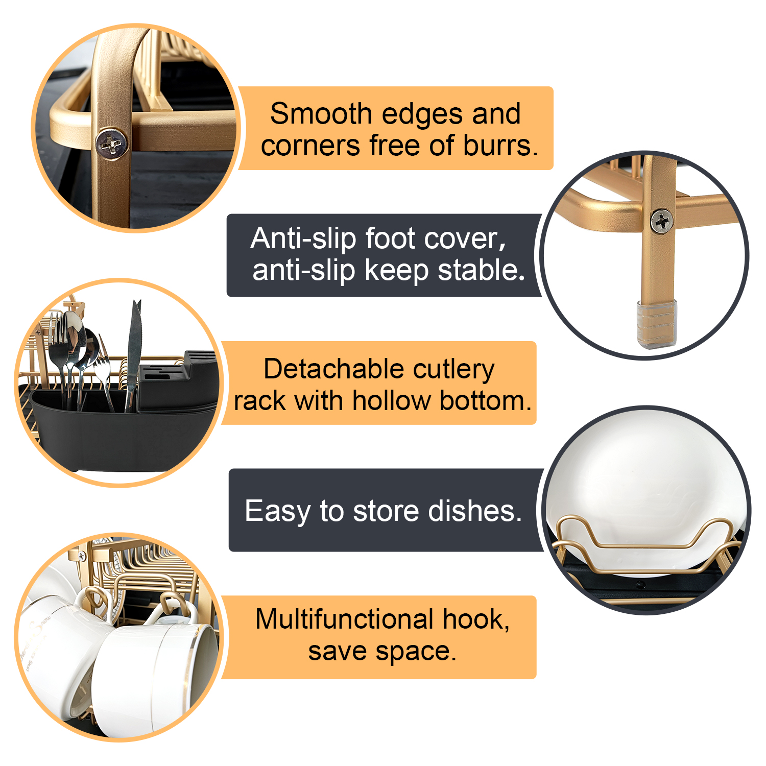 Zhaosheng Hardware - Rejilla para secar platos de aluminio de 2 niveles con escurridor de plástico, soporte para utensilios y colgador para tazas