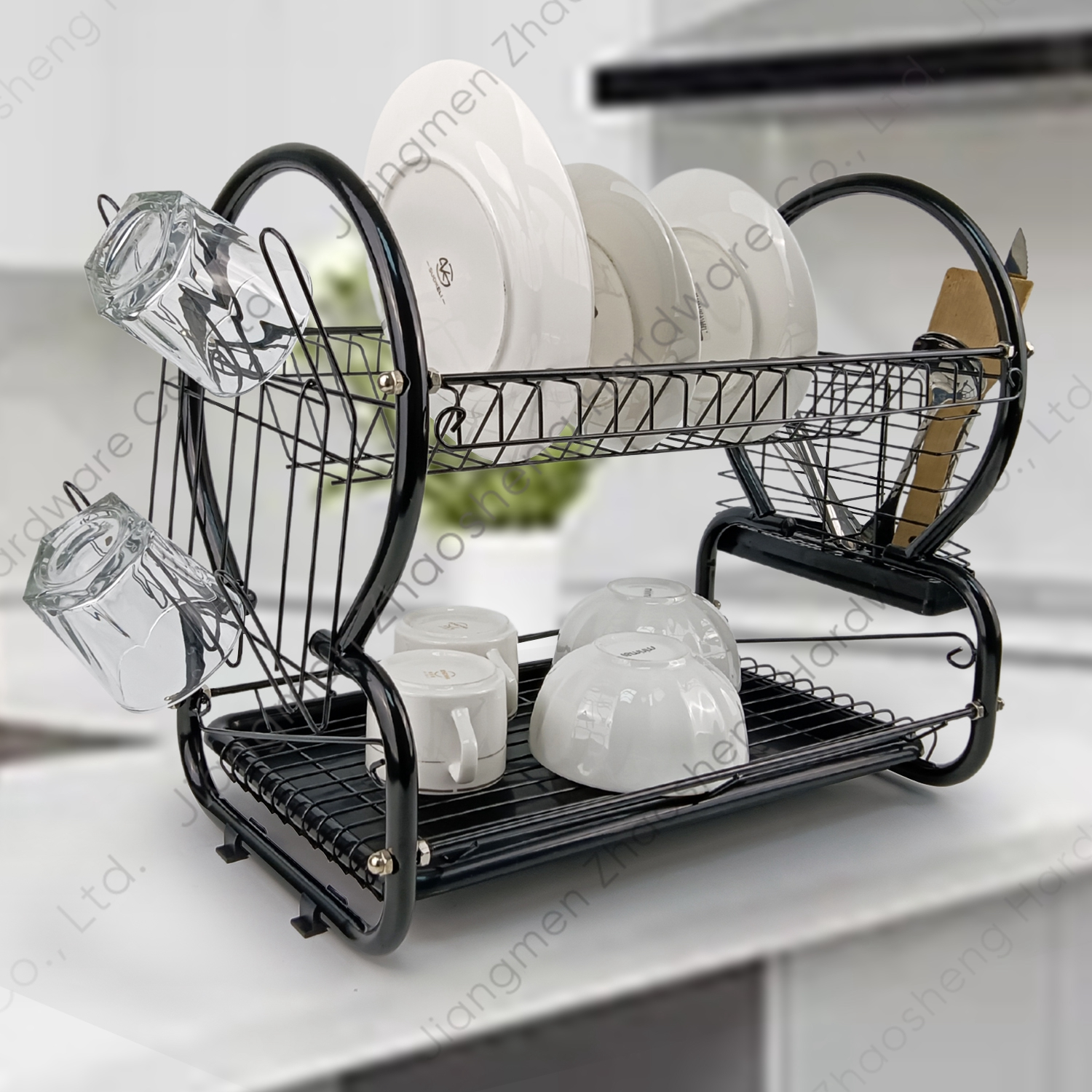 Zhaosheng Hardware - Rejilla para secar platos de 2 niveles con bandeja de PP/soporte para utensilios