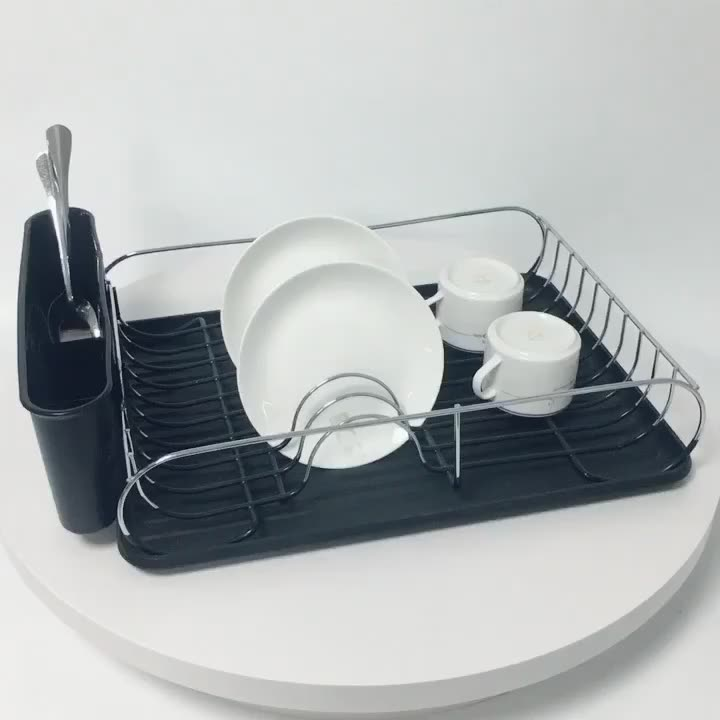 Zhaosheng Hardware - Escurridor de platos con bandeja de goteo negra y soporte para utensilios