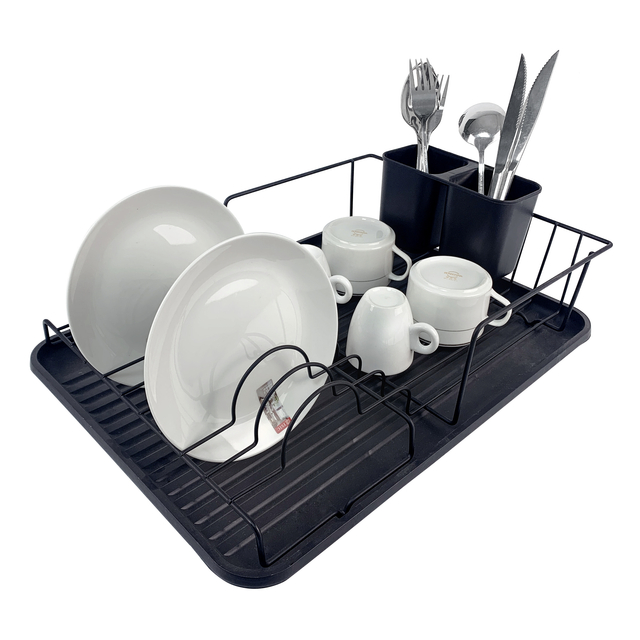 Zhaosheng Hardware - Escurreplatos de alambre de metal, color negro, con soporte para utensilios y bandeja de goteo