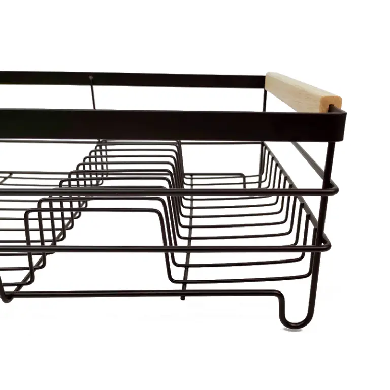 Zhaosheng Hardware - Escurridor de platos de acero con mango de madera, negro
