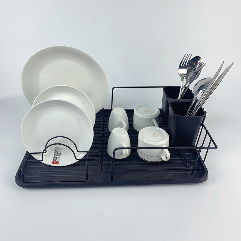 Zhaosheng Hardware - Escurreplatos de alambre de metal, color negro, con soporte para utensilios y bandeja de goteo