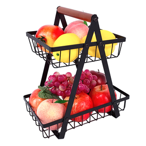 Zhaosheng Hardware - Cesta de frutas de alambre de metal desmontable, cesta de frutas de 2 niveles con mango de madera