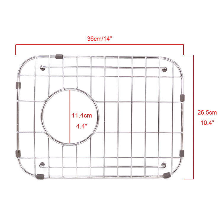 Rejilla de fregadero de acero inoxidable de 14' X 10,4' para fregadero bajo encimera con orificio de drenaje desplazado